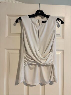 Tahari White Sleeveless Draped Ruched Waist Blouse